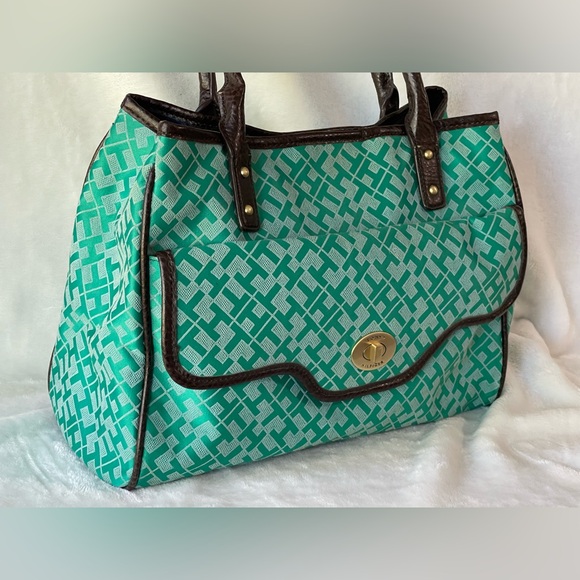 Tommy Hilfiger signature logo teal green satchel tote shoulder bag - Picture 3 of 10